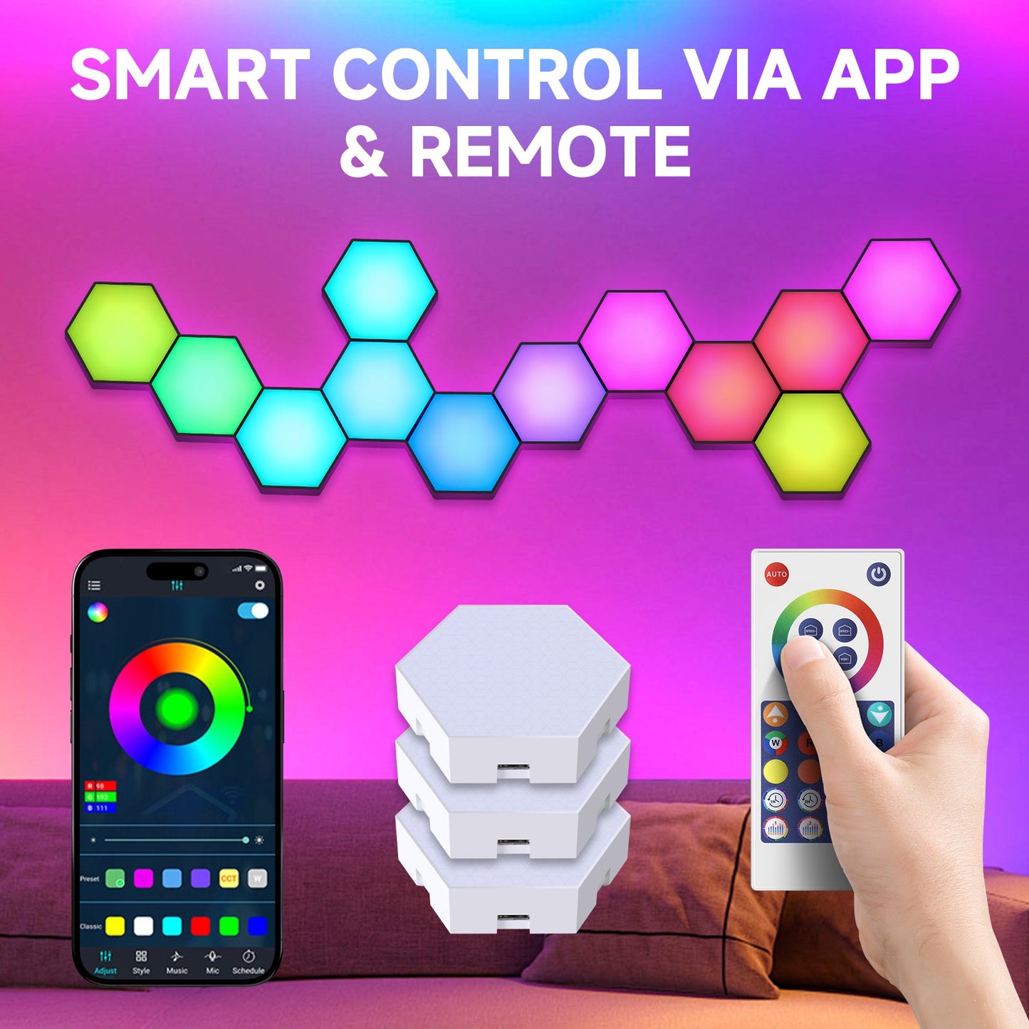 Hexagon Light Panels,Music Sync RGB Hexagon LED Lights Gaming Lights with APP & Remote Control for Home Decor Gaming