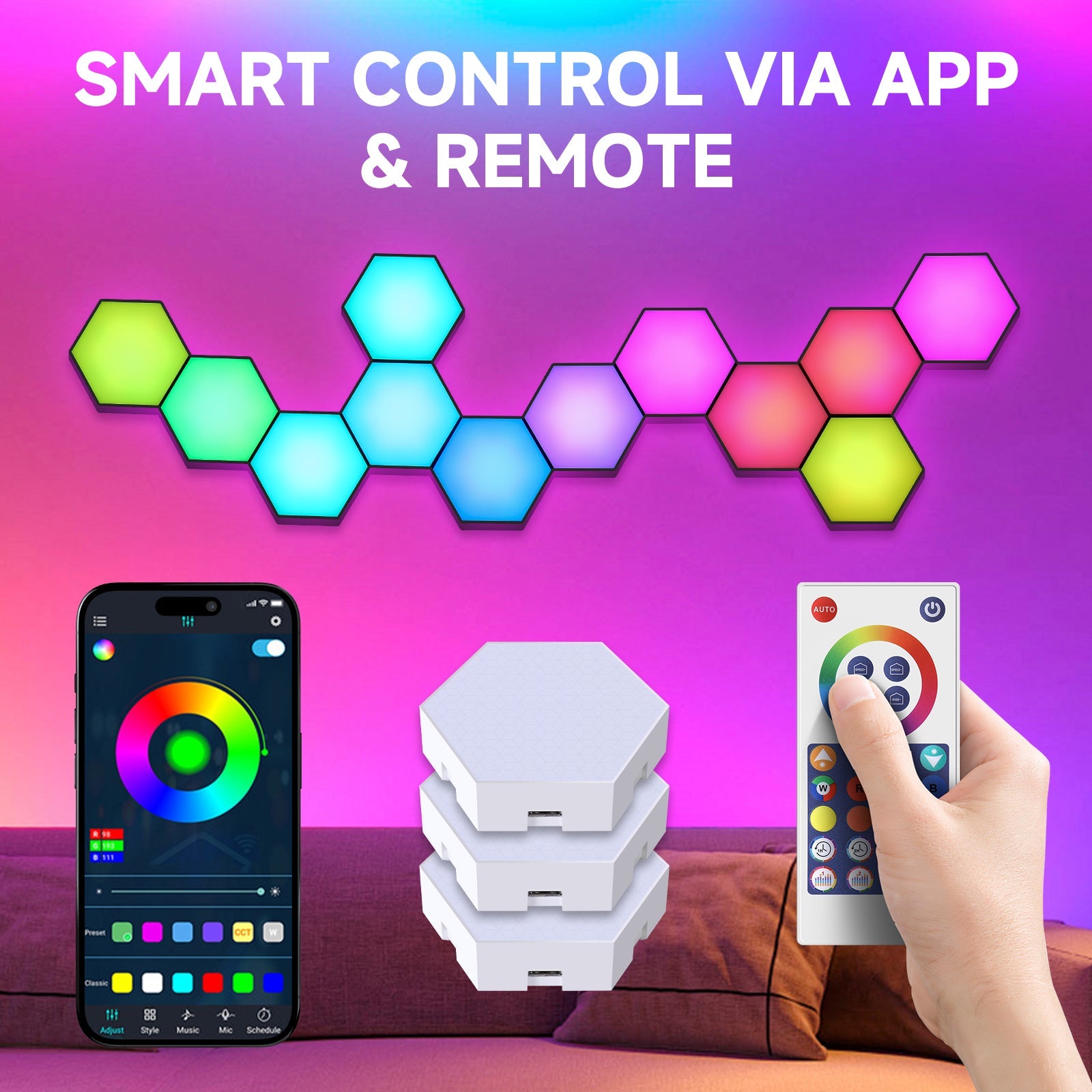 Hexagon Light Panels,Music Sync RGB Hexagon LED Lights Gaming Lights with APP & Remote Control for Home Decor Gaming