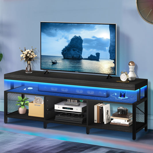 LED TV Stands W/Power Outlets, Industrial TV Stand for 55/60/65/70 Inch, Entertainment Center TV Cabinet for Living Room, Black