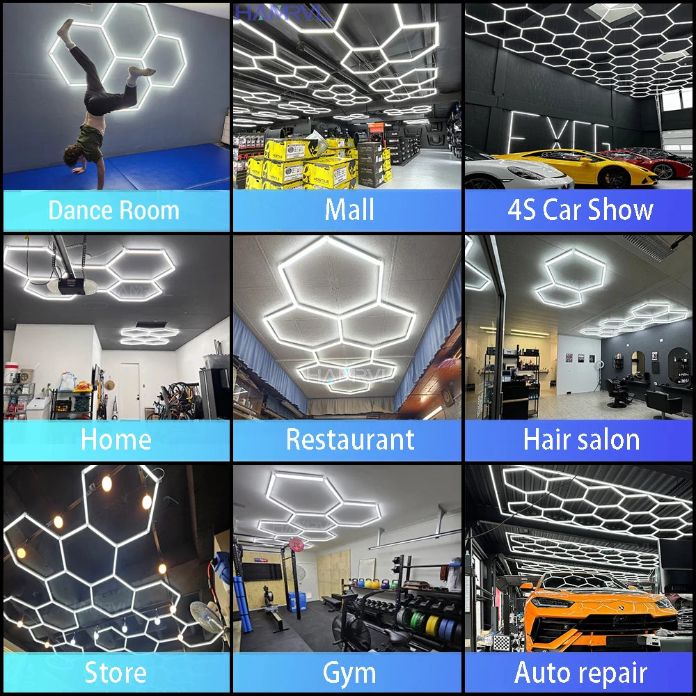 Garage Light Hexagon Lights Lamp 110V-240V Led Tube Honeycomb Ceiling Lighting for Auto Car Body Repair Led Workshop Cutomized