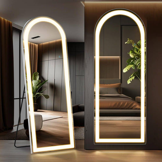 White 26 In. W X 71 In. H Modern Arched LED Full Length Mirror with 3 Lighting Modes, Floor and Wall Mounted