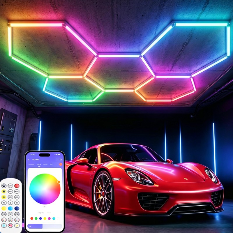 RGB LED Hexagon Garage Lights Car Detailing Shop Light No Border for Garage Bar