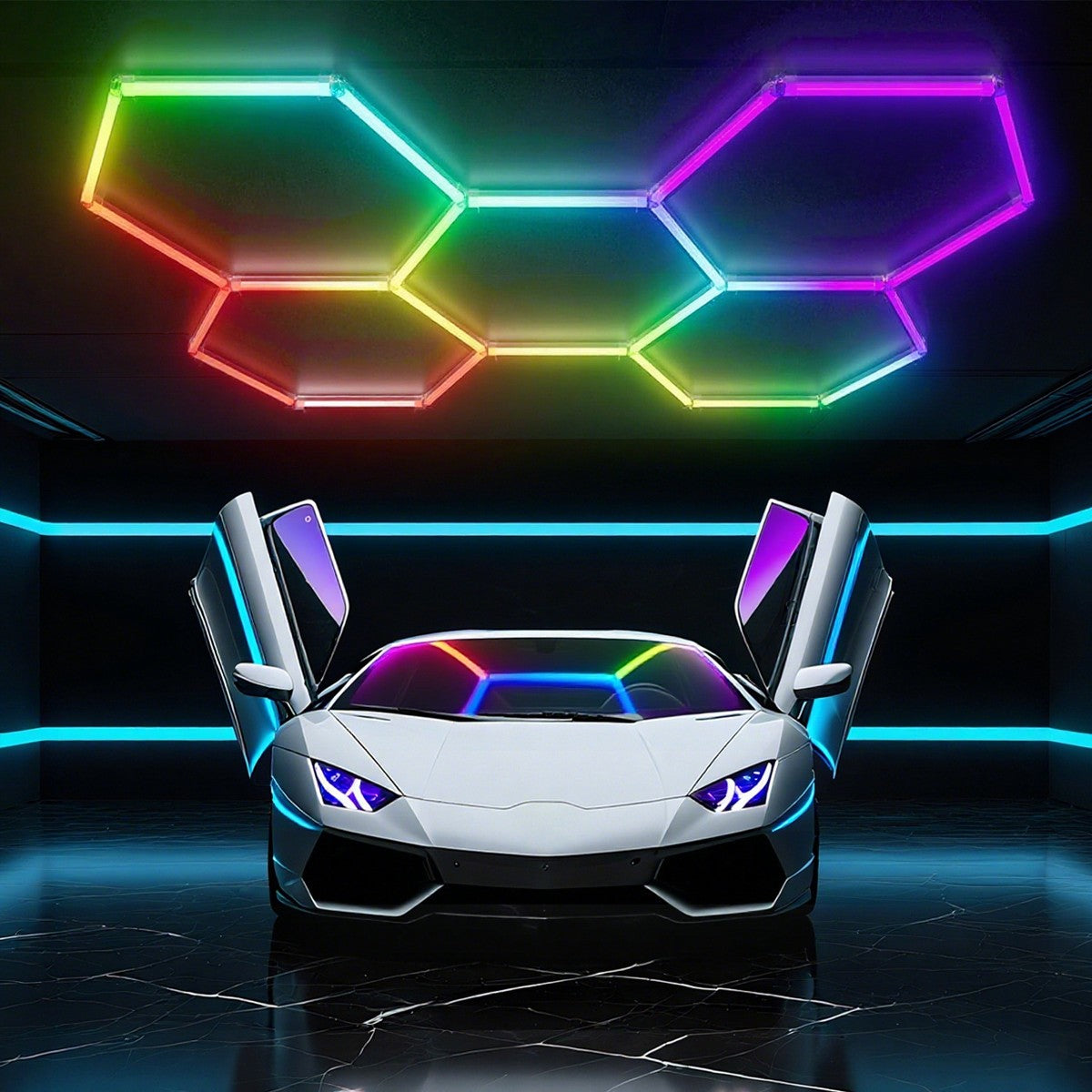 RGB LED Hexagon Garage Lights Car Detailing Shop Light No Border for Garage Bar