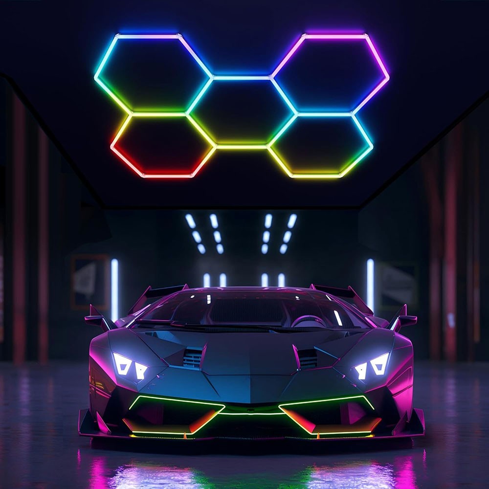 RGB LED Hexagon Garage Lights Car Detailing Shop Light No Border for Garage Bar