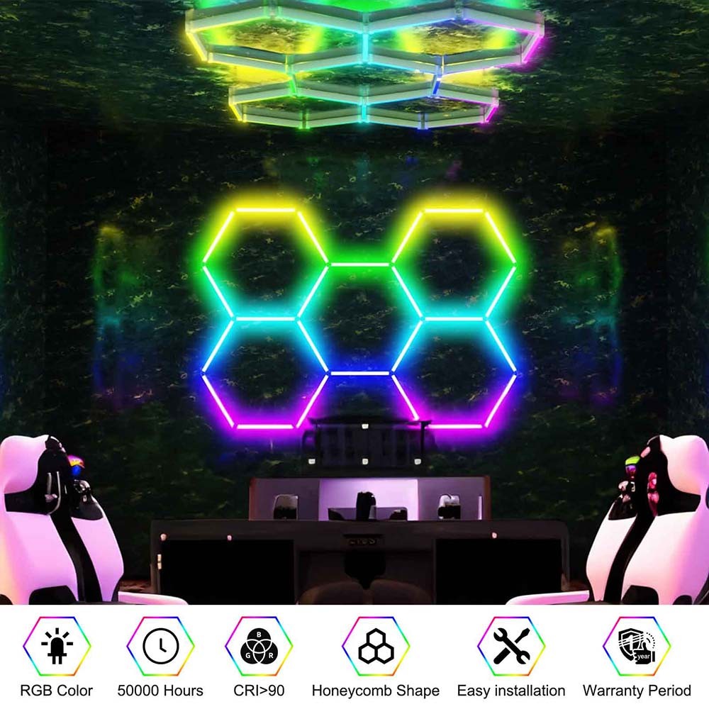 RGB LED Hexagon Garage Lights Car Detailing Shop Light No Border for Garage Bar