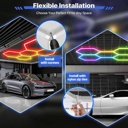 RGB LED Hexagon Garage Lights Car Detailing Shop Light No Border for Garage Bar